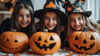 Fototapeta premium Halloween Celebrations with Witches and Pumpkins in an Autumn Forest Setting