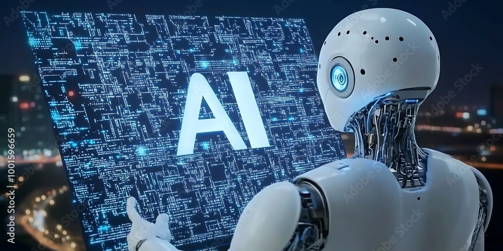 Poster ai robot holding a circuit board with ai text. concept of artificial intelligence and technology