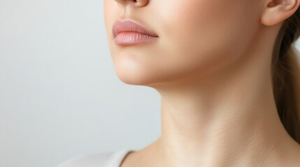 Close-up view of a woman's neck and chin against a neutral background