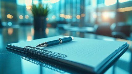 professional workspace with notepad and pen on table, perfect for corporate meeting preparation and business planning in a blue-toned office setting with copy space