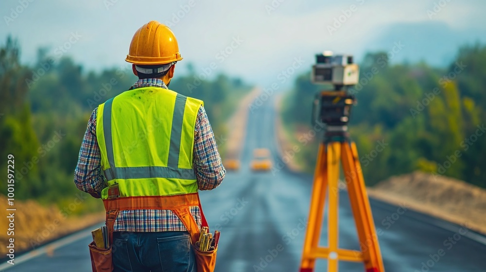 Poster civil engineer managing road construction work and inspecting the expressway project, ensuring safe 