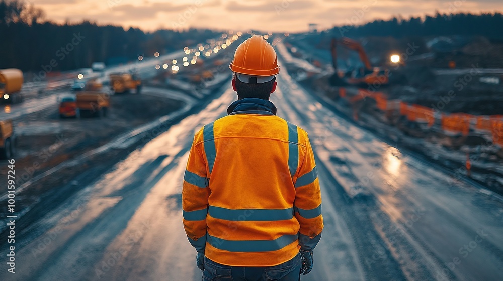 Poster civil engineer managing road construction work and inspecting the expressway project, ensuring safe 