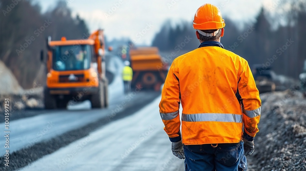 Poster civil engineer managing road construction work and inspecting the expressway project, ensuring safe 