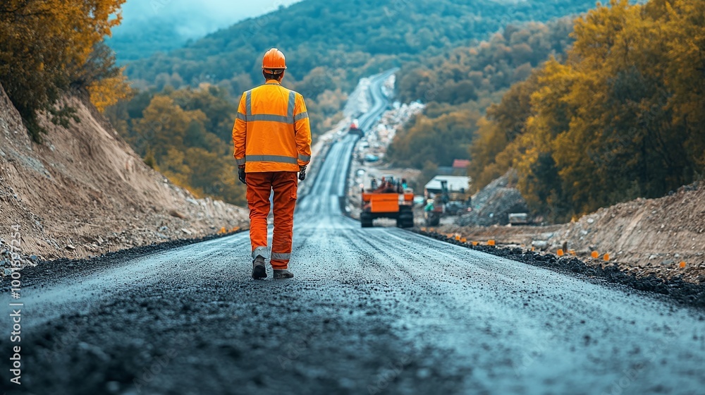 Poster civil engineer managing road construction work and inspecting the expressway project, ensuring safe 
