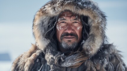 Eskimo male hunter with fur hood and warm clothes in winter scenery. Neural network ai generated art