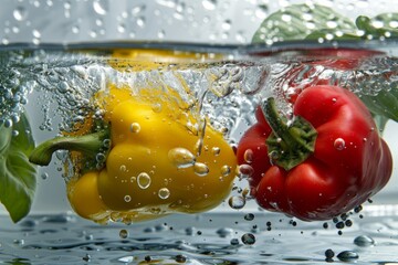 Fresh Red and Yellow Bell Peppers Submerged in Water with Air Bubbles, Freshness Food Concept
