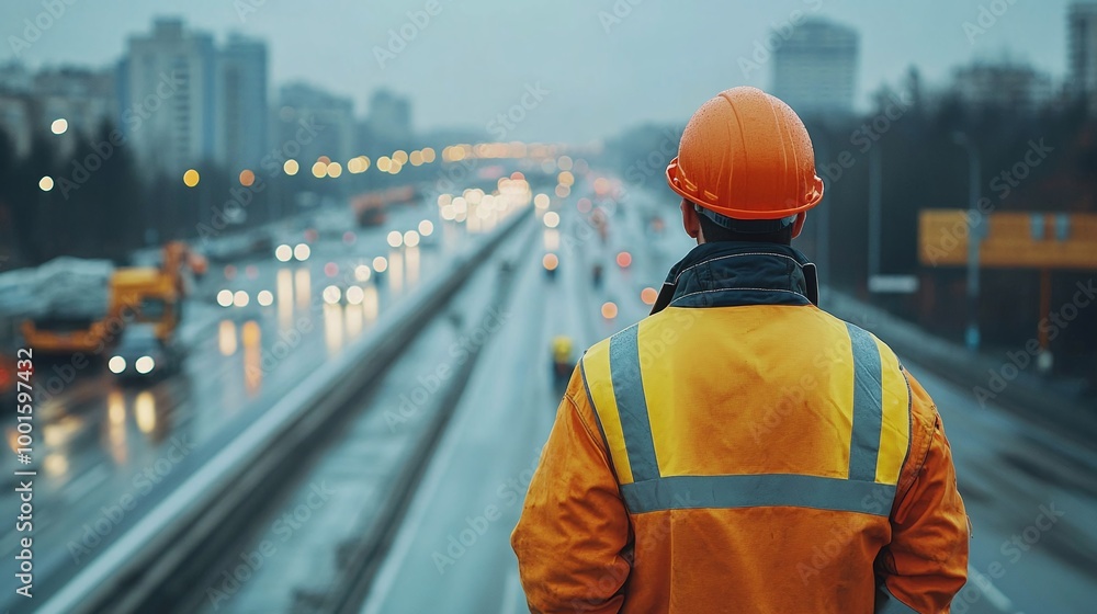 Poster civil engineer managing road construction work and inspecting the expressway project, ensuring safe 