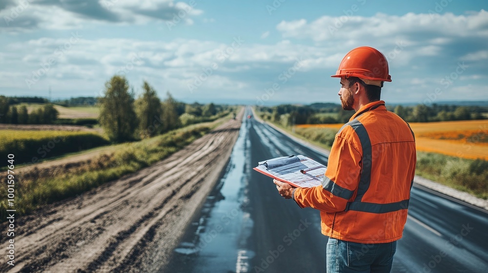 Poster civil engineer managing road construction work and inspecting the expressway project, ensuring safe 