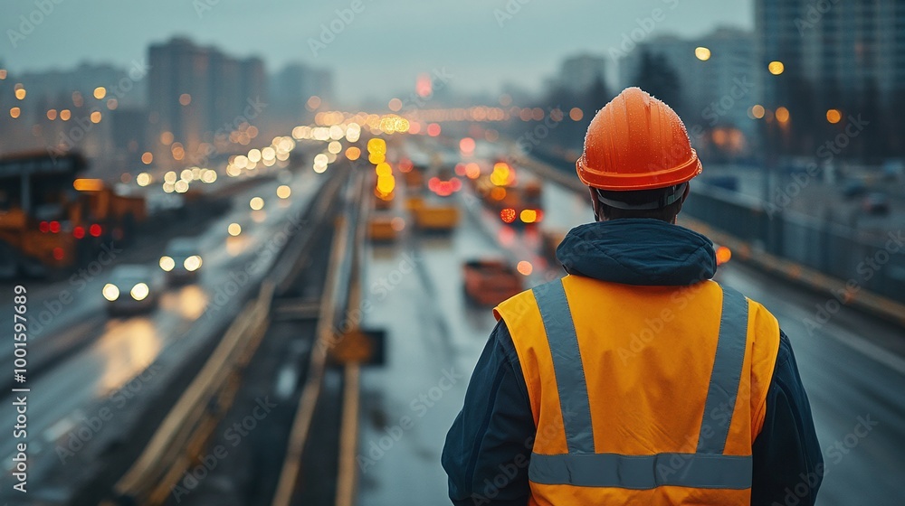Poster civil engineer managing road construction work and inspecting the expressway project, ensuring safe 