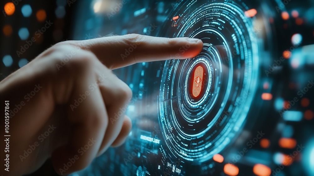 Poster Digital banking Cyber security data protection Businessman using fingerprint indentity and face id to access personal financial data biometric security on mobile banking app innovation : Generative AI