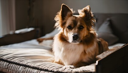 A close up of a cute dog sitting on a Bed