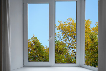 View from the window, yellow trees, landscape with forest.