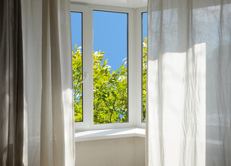 View from the window, yellow trees, landscape with forest.