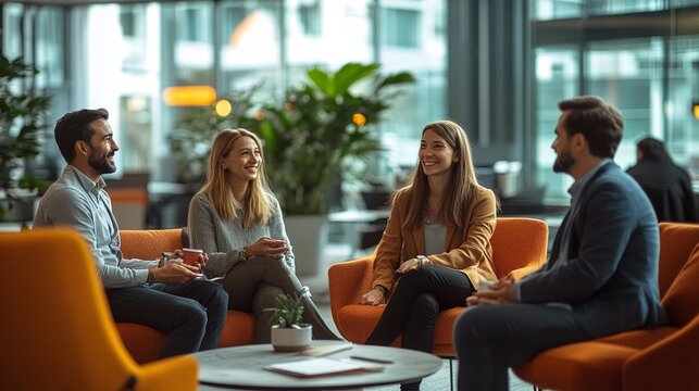 diverse corporate team enjoying a relaxed coffee break in a modern office environment, fostering collaboration, communication, and casual interaction in a professional setting