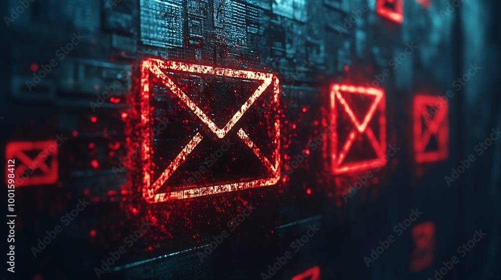 Fototapete Alert Email inbox and spam virus with warning caution for notification on internet letter security protect junk and trash mail and compromised information : Generative AI