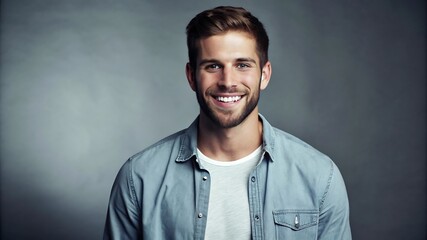 Obraz premium A portrait of a young man smiling warmly against a neutral gray background