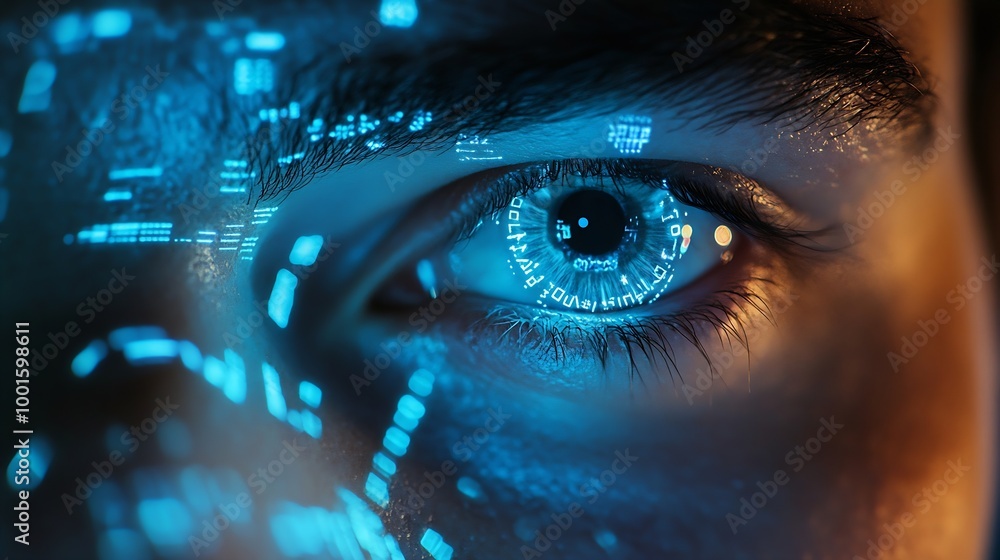 Aufkleber Scan hologram eyes and face of man of biometric data cybersecurity and futuristic technology Holographic portrait identity software and person with future or digital facial recognition : Generative AI