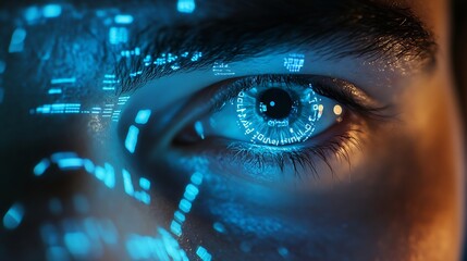 Scan hologram eyes and face of man of biometric data cybersecurity and futuristic technology Holographic portrait identity software and person with future or digital facial recognition : Generative AI