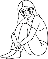 continuous single line of sad woman sitting and crying, crying woman sketch,  continuous line depressed woman, vector illustration