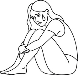 continuous single line of sad woman sitting and crying, crying woman sketch,  continuous line depressed woman, vector illustration