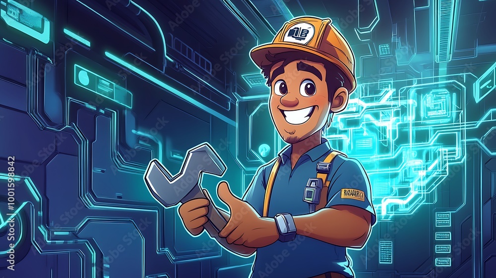 Poster smiling cartoon mechanic with wrench standing in front of a futuristic digital background.