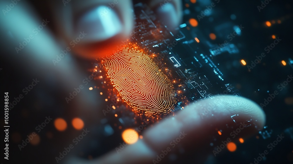 Poster Fingerprint scan provides security access with biometric identification Businessman using fingerprint indentification to access personal financial data Technology Safety and biometric  : Generative AI