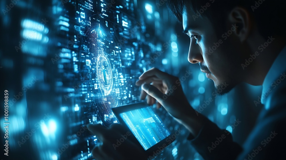 Poster Cyber security network Data protection concept Businessman using digital tablet with biometric network security technology to access privacy data and management computer crime data enc : Generative AI