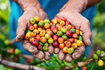 Farmer holding freshly harvested coffee cherries