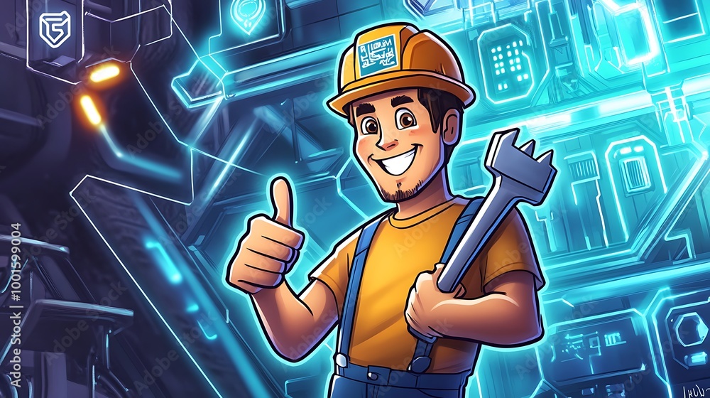 Poster smiling cartoon mechanic holding a wrench in front of a tech background. concept of computer repair,