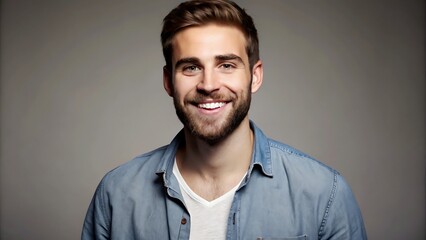 Obraz premium A portrait of a young man smiling warmly against a neutral gray background