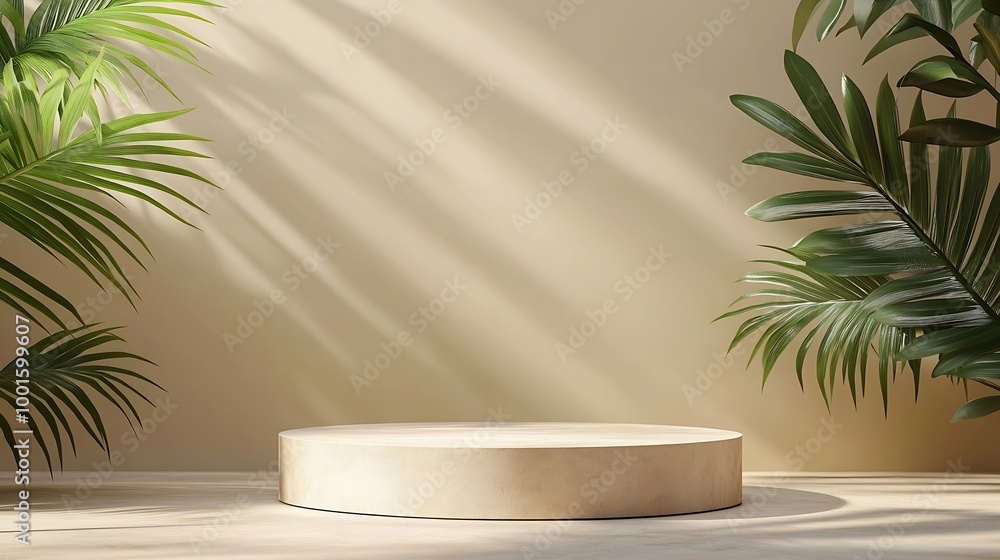 Poster beige background for product presentation with shadow of tropical palm leaves and light podium stage