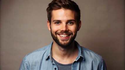 Obraz premium A portrait of a young man smiling warmly against a neutral gray background