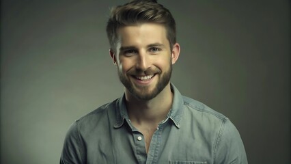 Obraz premium A portrait of a young man smiling warmly against a neutral gray background