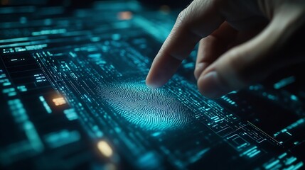 Cyber security system and data protection concept Man using fingerprint scanning access data with data center as background biometric identity data encryption for network security of c : Generative AI