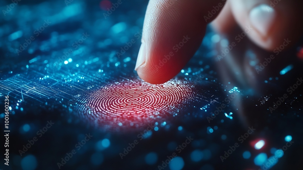 Fototapete Businessman access scan fingerprint biometric identity and approval Secure access granted by valid fingerprint scan cyber security on internet cybernetic business concept : Generative AI
