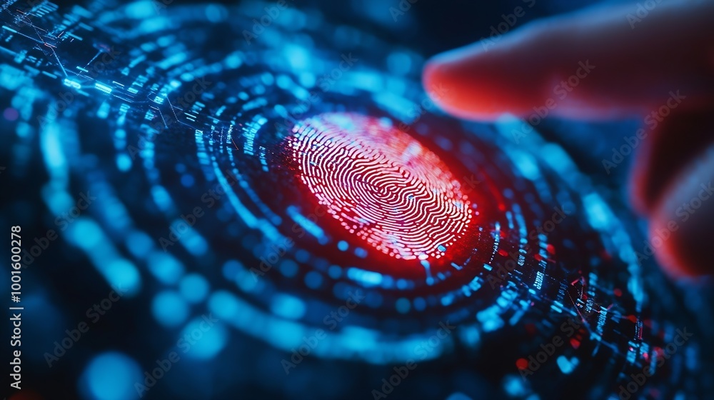 Aufkleber Cyber security and data protection Businessman fingerprint scanning to access business data with ai and network connection Biometric security technology data encryption network securit : Generative AI