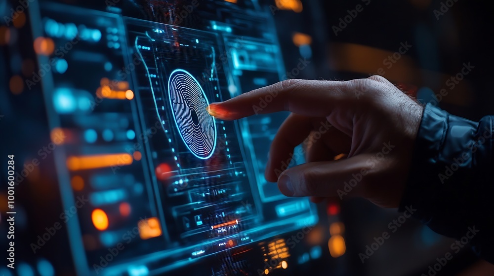Poster Biometric security network privacy data protection man fingerprint identification touch screen to access personal financial data mobile banking app cybersecurity technology : Generative AI