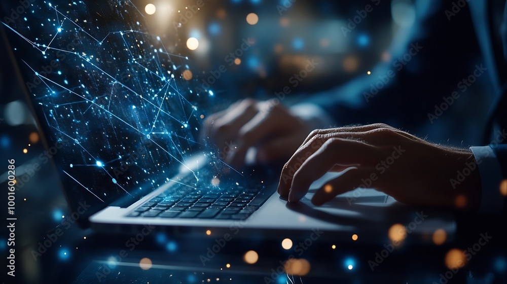 Fototapete Cyber security network Data protection concept Businessman using laptop computer with biometric identification on internet technology network with cloud computing and data management c : Generative AI