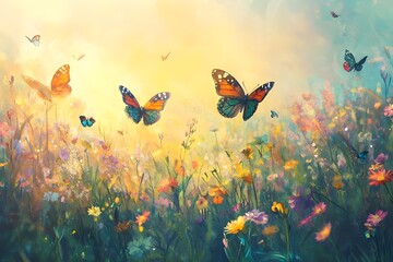 Colorful Butterflies Fluttering Meadow