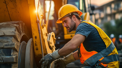 Construction worker repairing heavy machinery during sunset.
