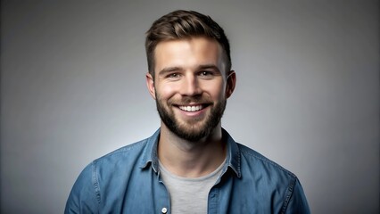 Obraz premium A portrait of a young man smiling warmly against a neutral gray background