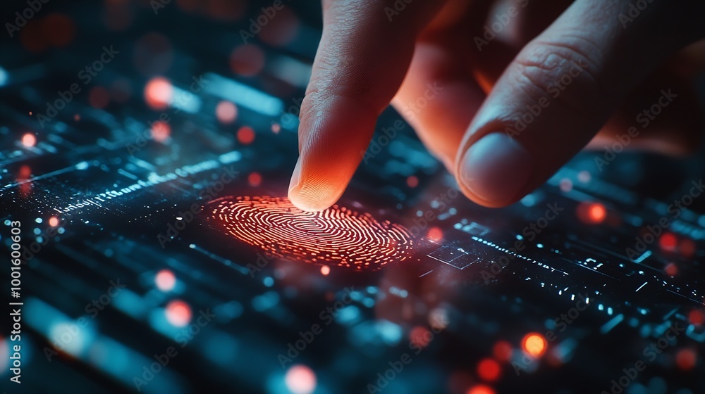 Poster Businessman using fingerprint identification to access personal financial data Idea for Ekyc electronic know your customer biometrics security innovation technology against digital cyb : Generative AI