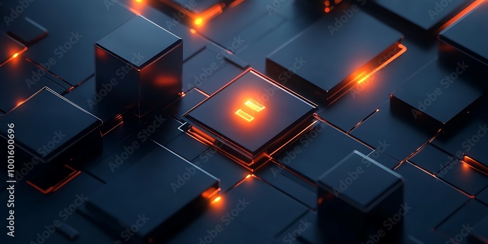 Poster abstract 3d rendering of glowing orange lines connecting black cubes