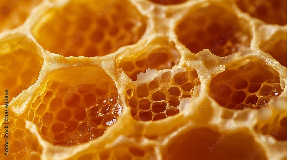 Poster honeycombs with sweet golden honey on whole background close up background texture pattern of sectio