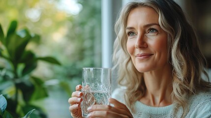 Beautiful middleaged woman hold glass of clear water smile look into distance enjoy healthy morning routine drink still and mineral water start new day close up Lifestyle beauty skin h : Generative AI