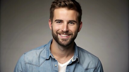 Obraz premium A portrait of a young man smiling warmly against a neutral gray background