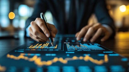 stock market trends and financial data displayed on blue charts being carefully examined by a business analyst focusing on trade performance, economic growth, and investment opportunities