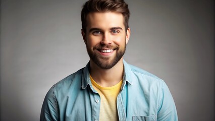 Obraz premium A portrait of a young man smiling warmly against a neutral gray background