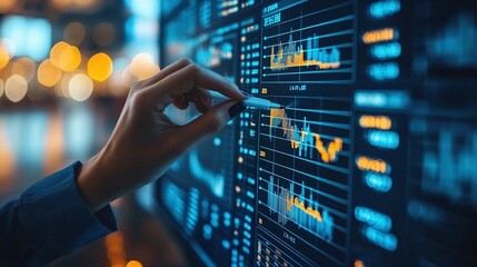 stock market trends and financial data displayed on blue charts being carefully examined by a business analyst focusing on trade performance, economic growth, and investment opportunities