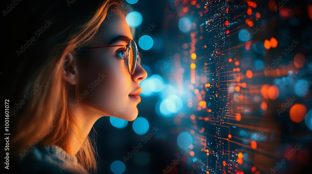 Poster Digital technology internet network connection global business concept Woman using modern computer surfing the internet data exchange digital marleting innovative technology background : Generative AI